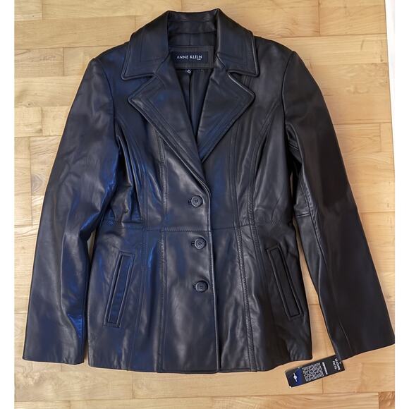 VTG New Anne Klein Black Soft leather Button Collared Jacket - Picture 1 of 4